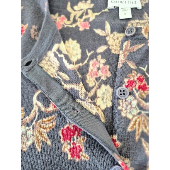 Garnet Hill Wool Cardigan Sweater Med Gray Red Floral Lightweight Layering Lux - Picture 6 of 11